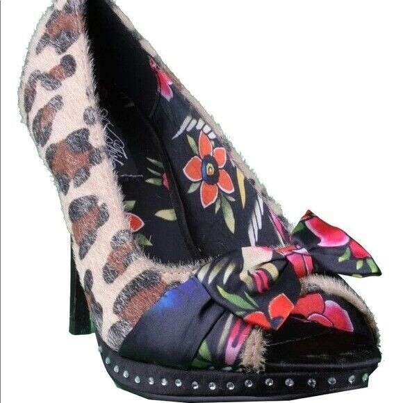 Iron Fist Heels Leopard Hair Flower Pinup Peep Toe Shoes Womens Size 7 - Picture 1 of 9